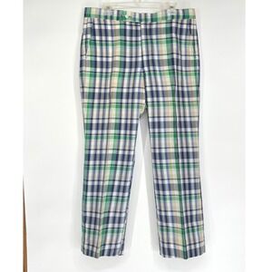 Vintage 70's 80's Sansabelt Mens Pants Golf Plaid Green Blue Beltless Trousers